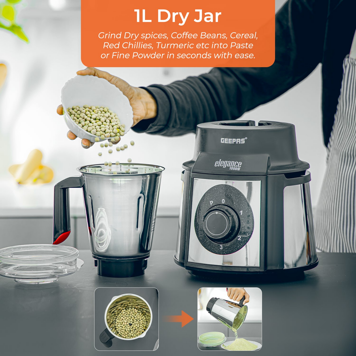 Geepas 5-in-1 Elegance Wet and Dry Indian Mixer Grinder - 1000W