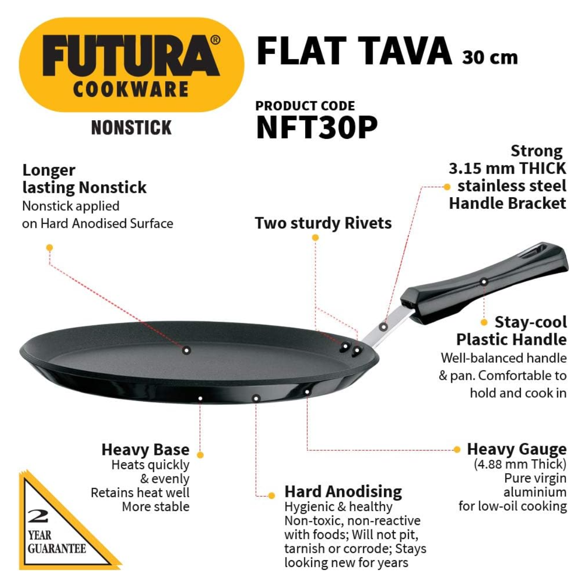 Hawkins Futura Nonstick Flat Tava with Plastic Handle – 30cm