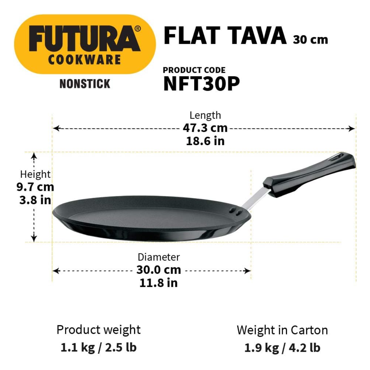Hawkins Futura Nonstick Flat Tava with Plastic Handle – 30cm