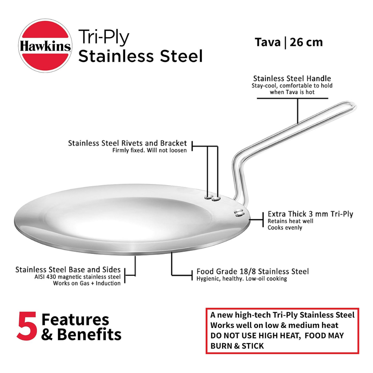 Hawkins Tri-Ply Stainless Steel Tawa – 26cm