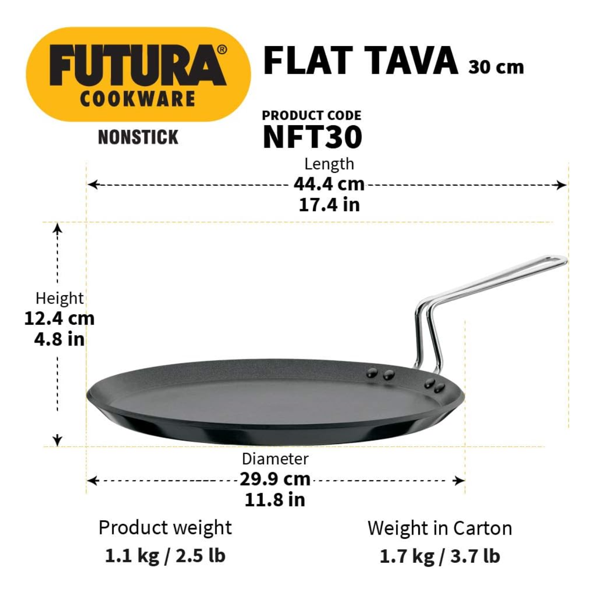 Hawkins Futura Non-Stick Flat Tava – 30 cm with Stainless Steel Handle