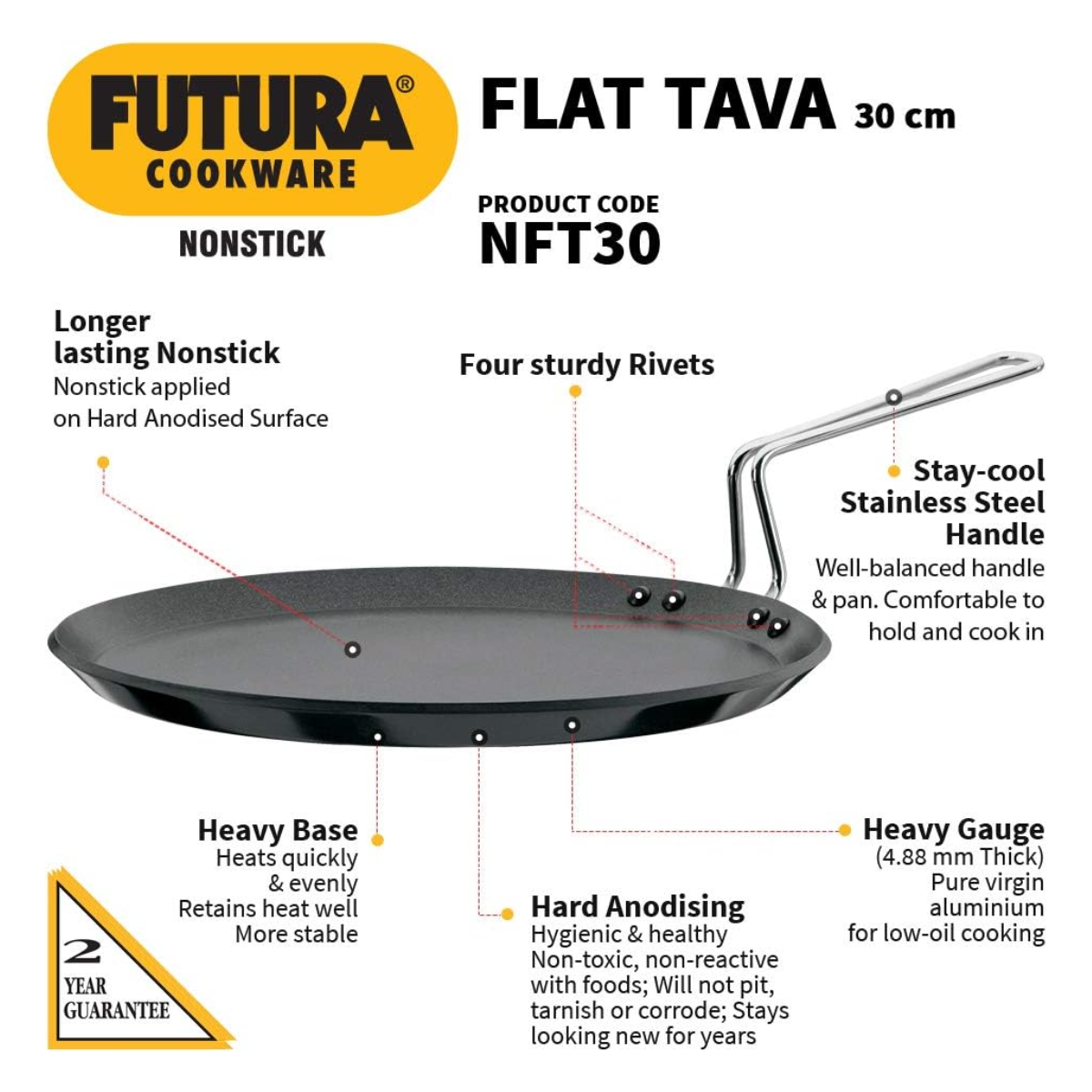 Hawkins Futura Non-Stick Flat Tava – 30 cm with Stainless Steel Handle