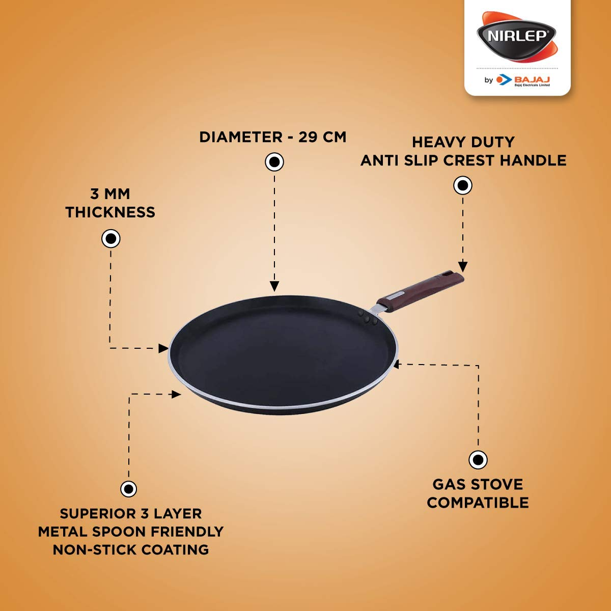 Nirlep by Bajaj Electricals Selec+ J Class Non-Stick Flat Tawa, Maroon – 29 cm