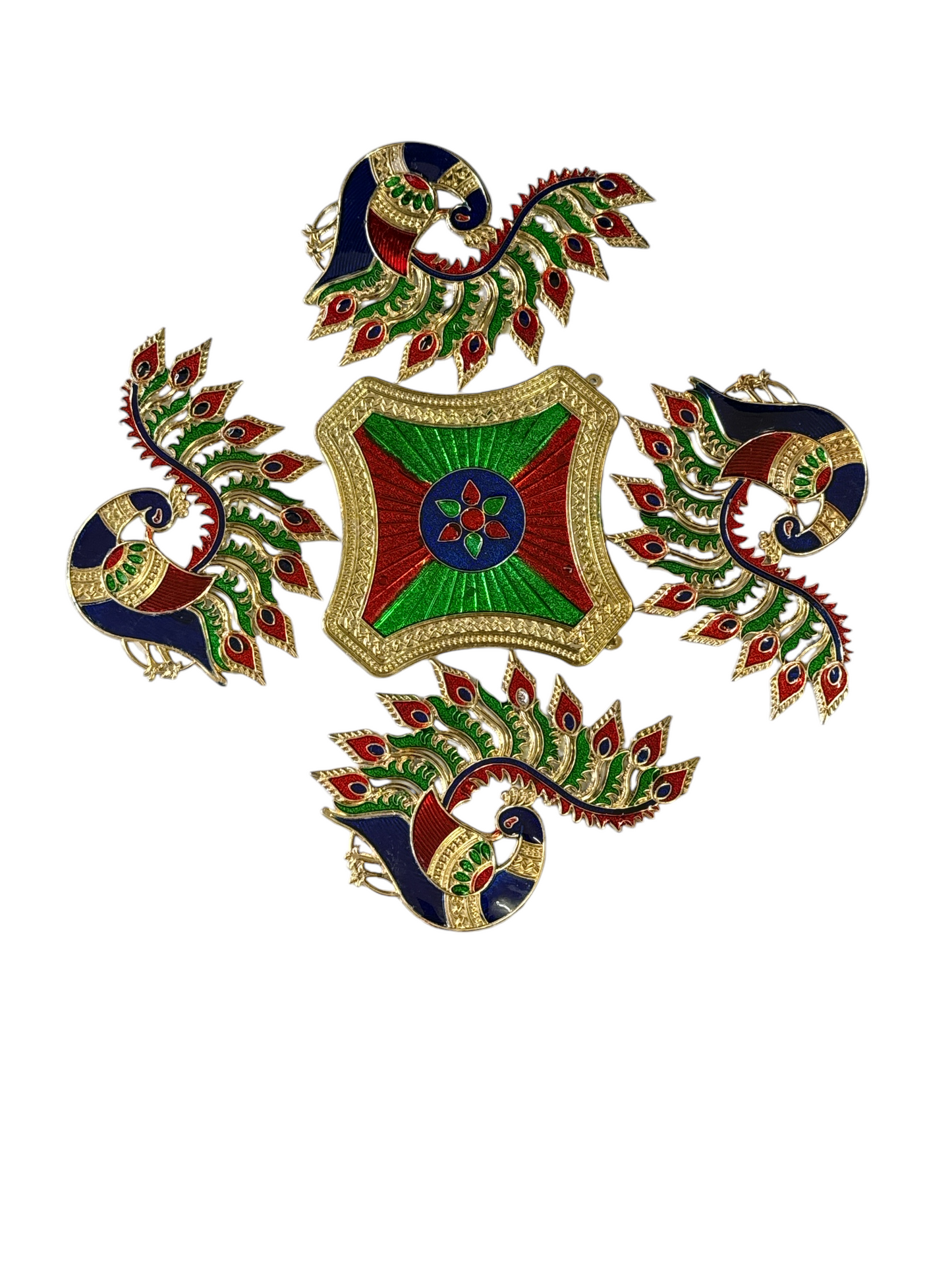 Colorful Metal Rangoli Pieces – Set of 2 Variants (Peacock & Floral Designs)