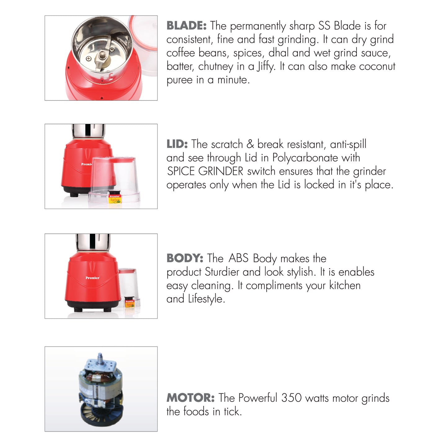 Premier Spice Grinder Wet and Dry Mixer Grinder 110 Volts, 350W, Red