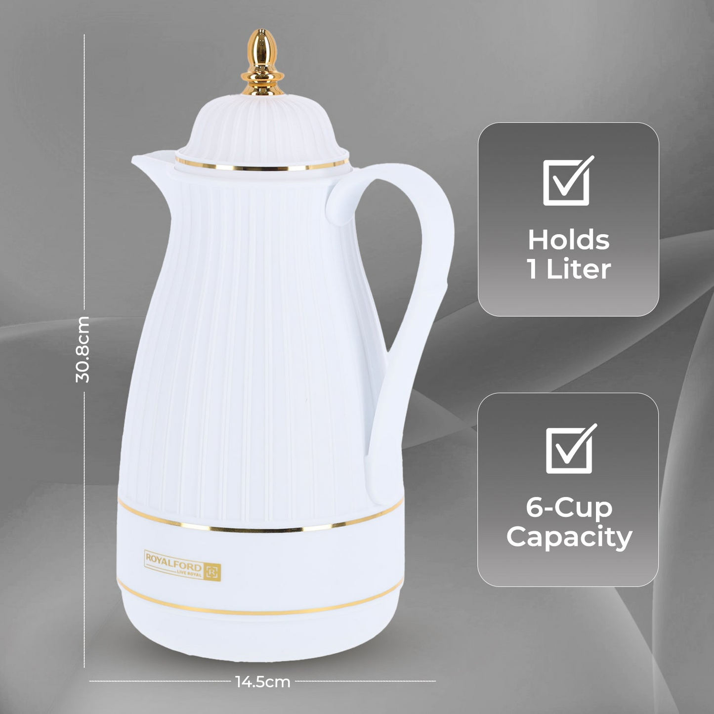 Royalford 1L White and gold haya vacuum flask and tea pot