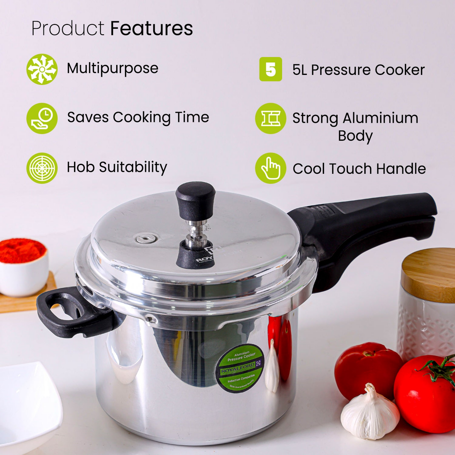 Royalford 5L Lightweight aluminium stovetop pressure cooker
