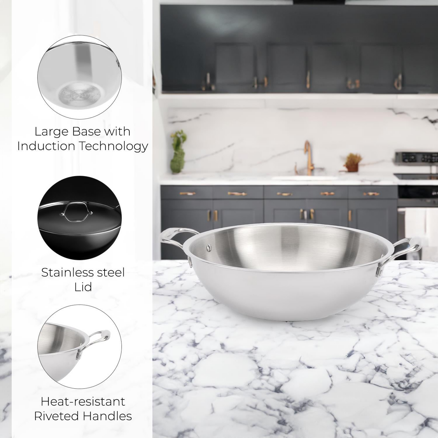 Royalford triply stainless steel wok with lid 32cm