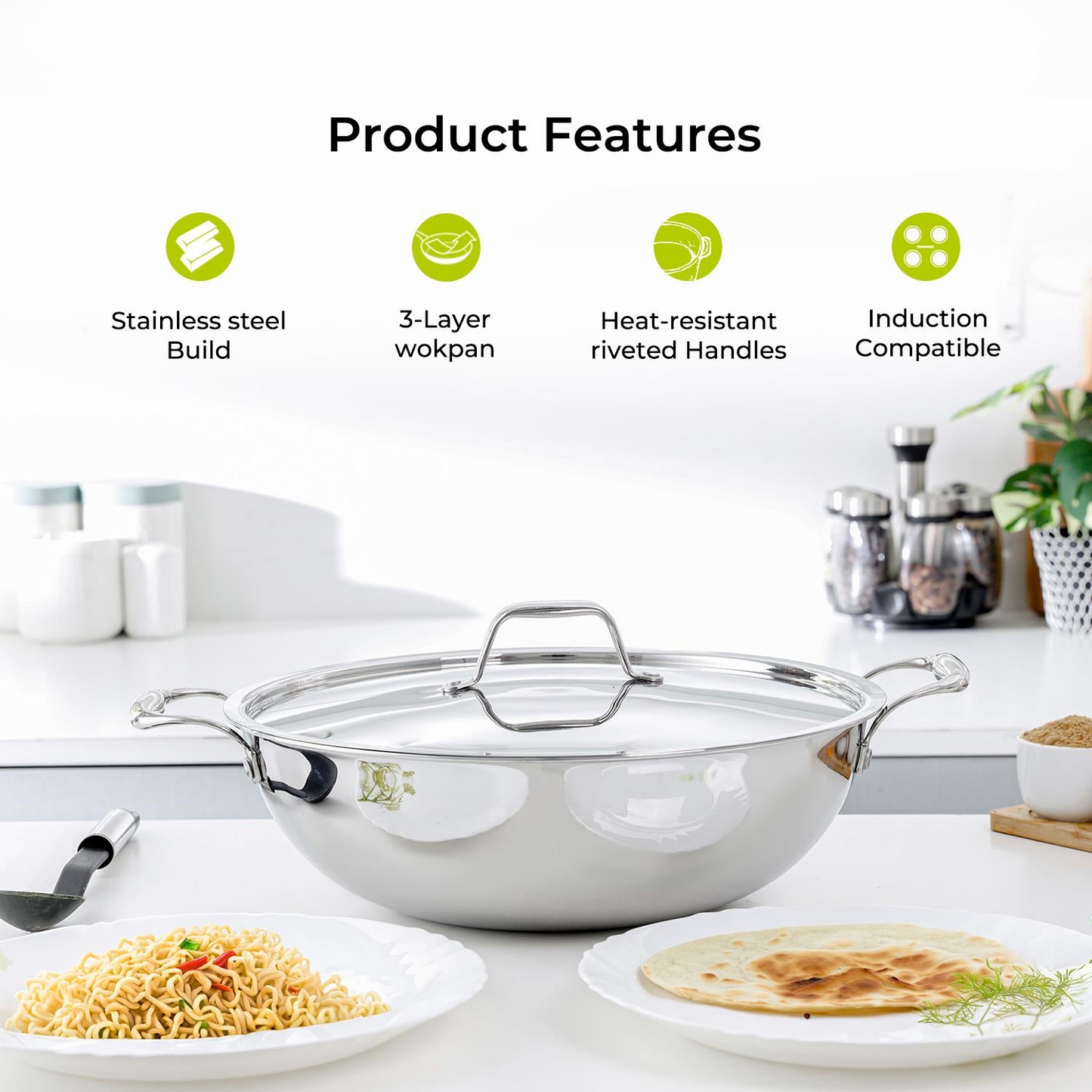Royalford triply stainless steel wok with lid 32cm