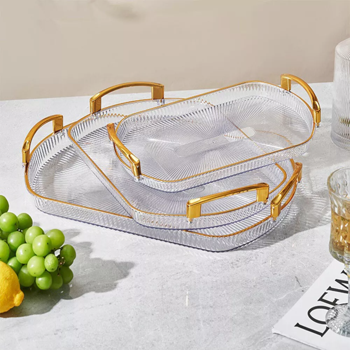 Set of 3 Elegant Rectangular Plastic Serving Trays with Golden Rim Border