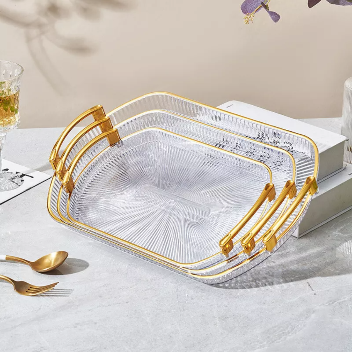 Set of 3 Elegant Rectangular Plastic Serving Trays with Golden Rim Border