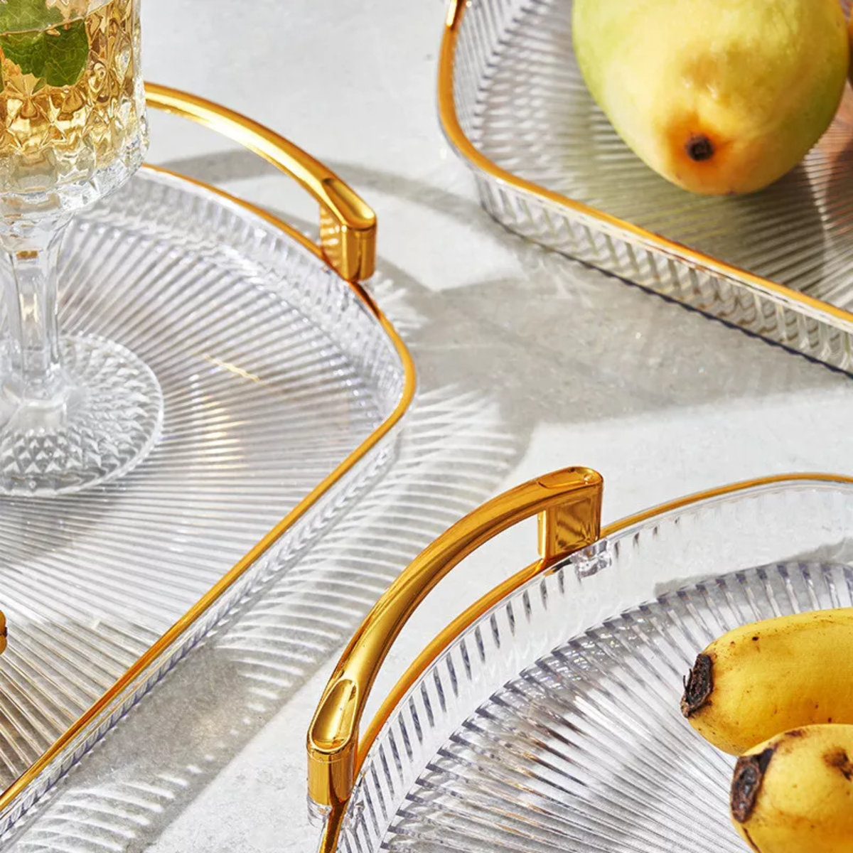 Set of 3 Elegant Rectangular Plastic Serving Trays with Golden Rim Border