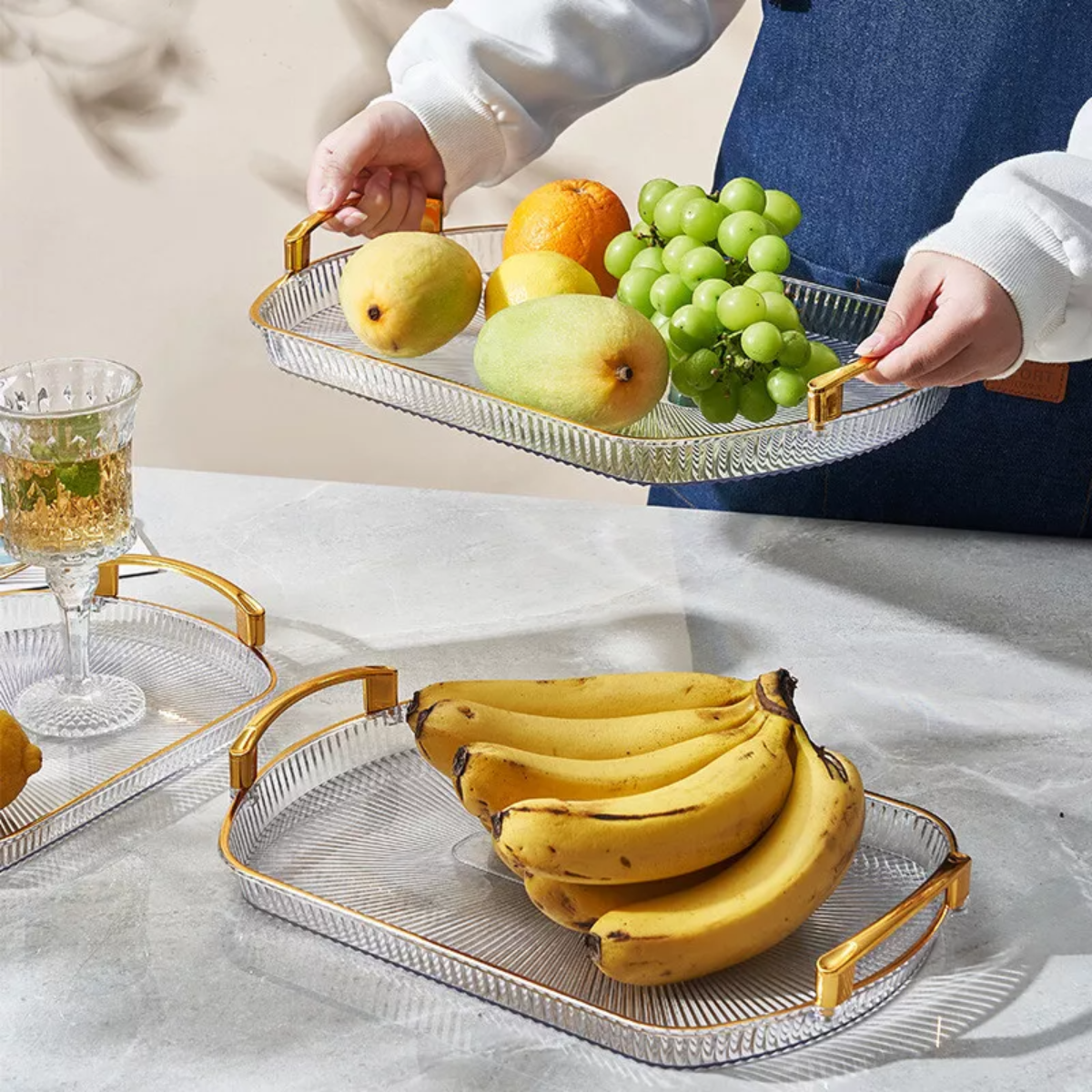 Set of 3 Elegant Rectangular Plastic Serving Trays with Golden Rim Border