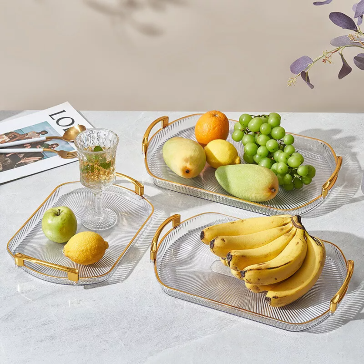Set of 3 Elegant Rectangular Plastic Serving Trays with Golden Rim Border