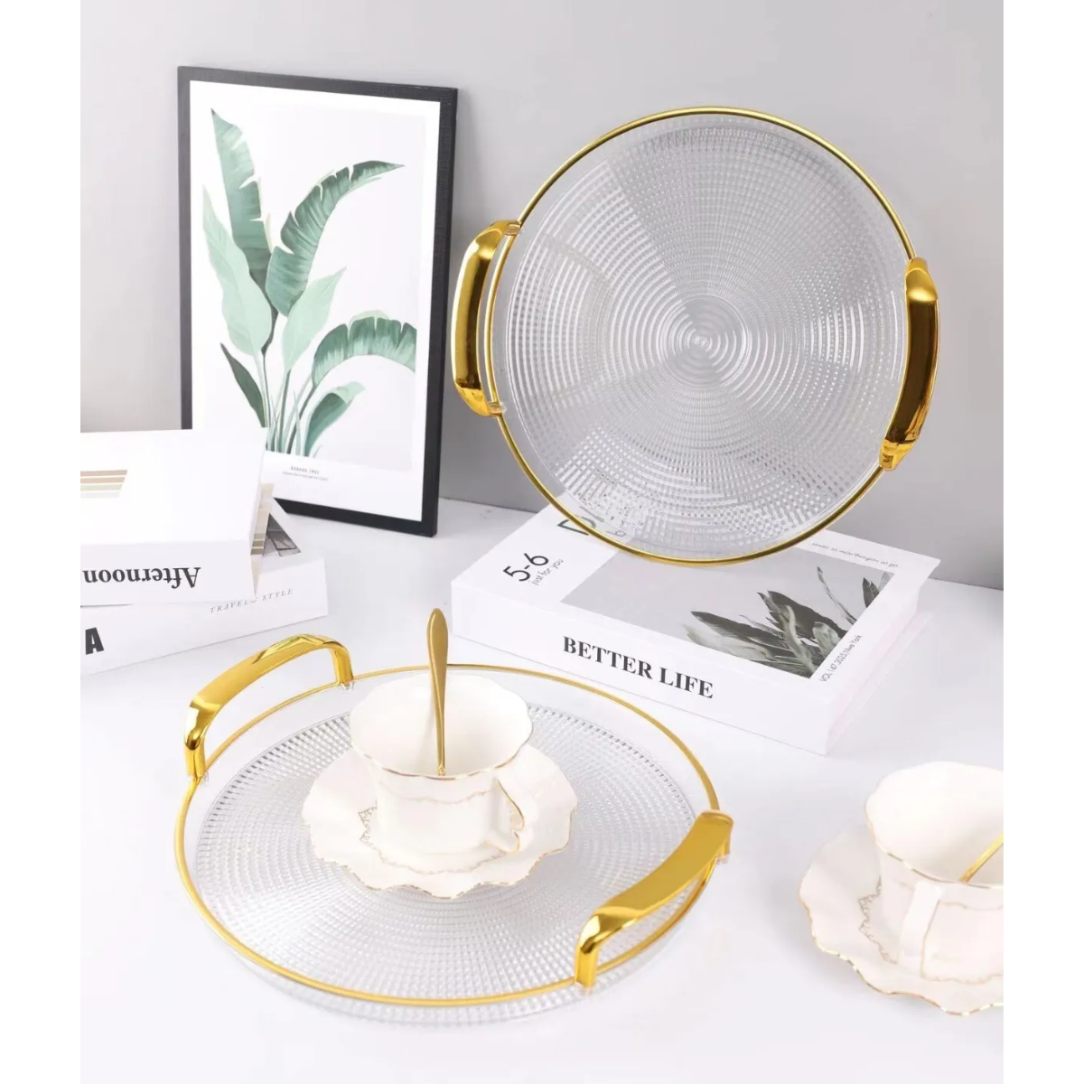 Set of 3 Elegant Round Plastic Serving Trays with Golden Rim Border