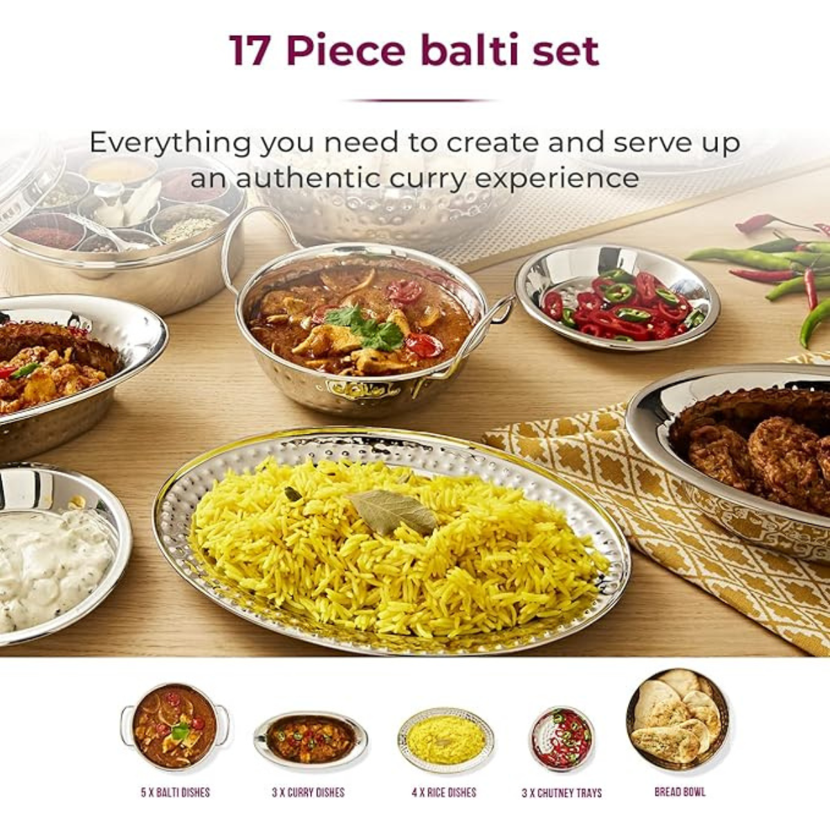 Tower 17 Piece Hammered Balti Set, Indian Feast, Spice Box, Rice tray, Naan Bread, Stainless Steel