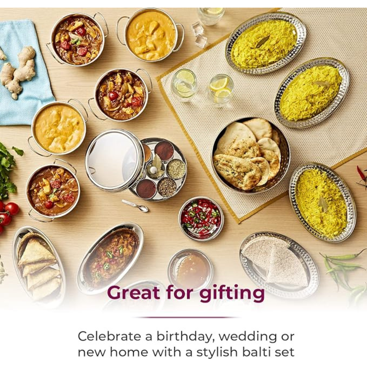 Tower 17 Piece Hammered Balti Set, Indian Feast, Spice Box, Rice tray, Naan Bread, Stainless Steel