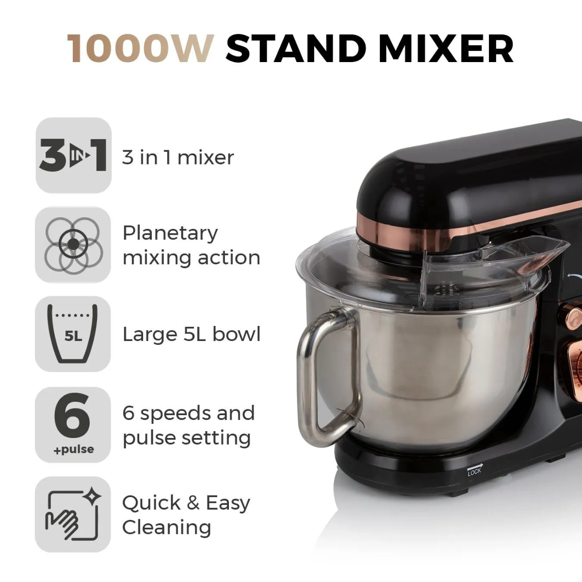 Tower 3-in-1 5L Stand Mixer with 6 Speeds and Pulse Setting, 1000W, Rose Gold