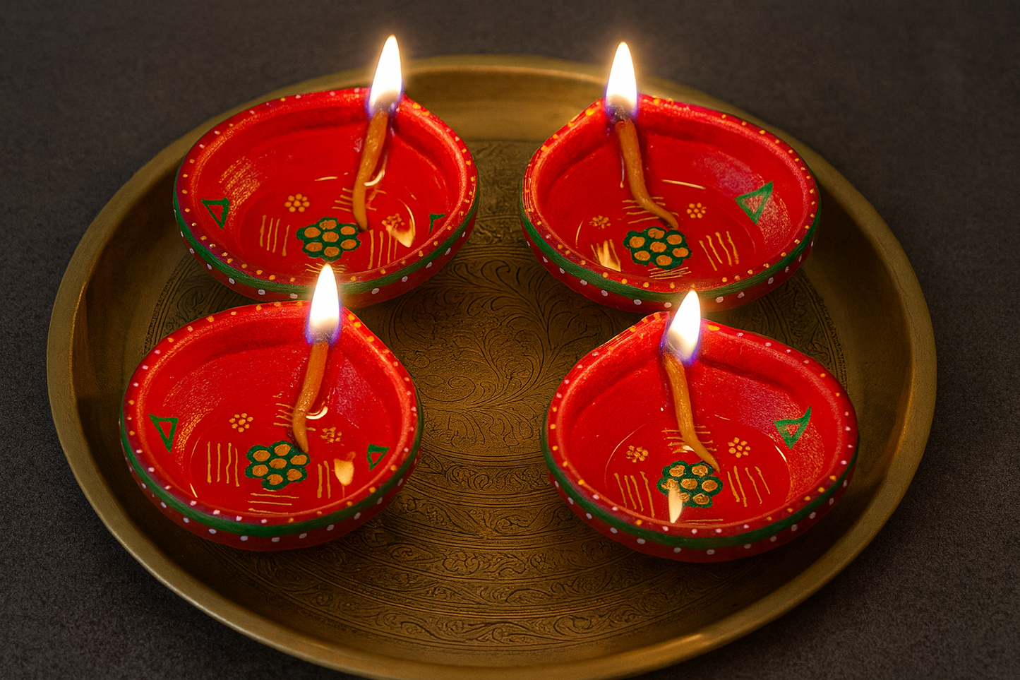 Clay Diya Handmade Painted Red & Green Earthen Oil Lamp for Puja & Diwali