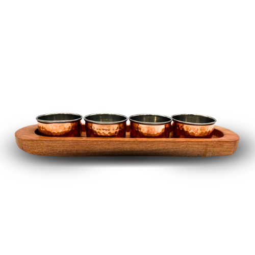 Wooden Base Serving Dish with 4 Copper and Stainless Steel Bowls