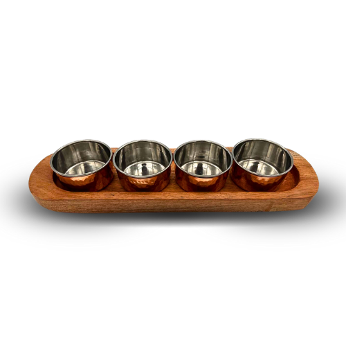 Wooden Base Serving Dish with 4 Copper and Stainless Steel Bowls