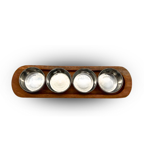 Wooden Base Serving Dish with 4 Copper and Stainless Steel Bowls