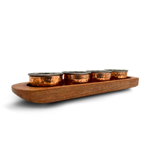 Wooden Base Serving Dish with 4 Copper and Stainless Steel Bowls
