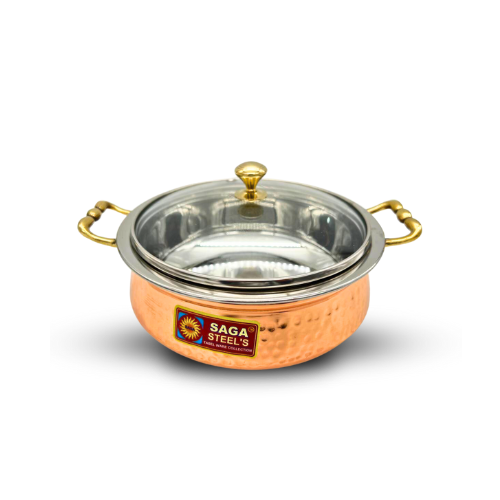 Copper and Stainless Steel Serving Dish with Glass Lid - 20CM