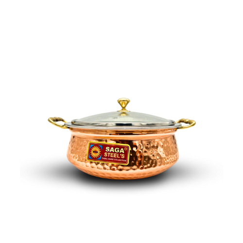 Small Copper and Stainless Steel Serving Dish with Glass Lid - 15CM