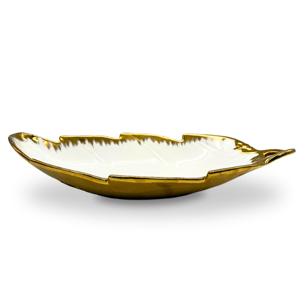 Strong Crockery White and Gold Leaf Shape Medium Tray - 40CM