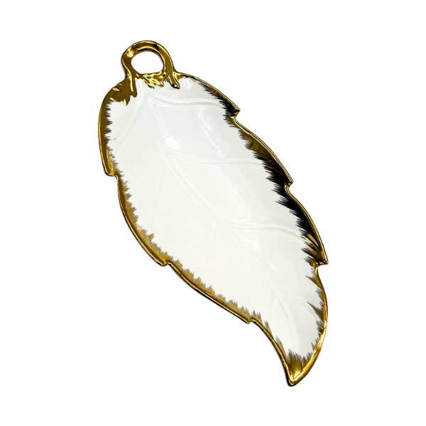 Strong Crockery White and Gold Leaf Shape Medium Tray - 40CM