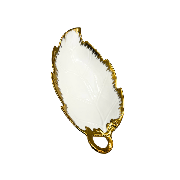 Strong Crockery White and Gold Leaf Shape Medium Tray - 40CM