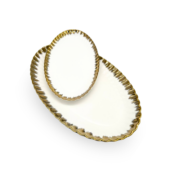 Strong Crockery White and Gold Set of 2 Oval Serving Trays