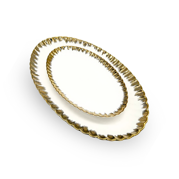 Strong Crockery White and Gold Set of 2 Oval Serving Trays
