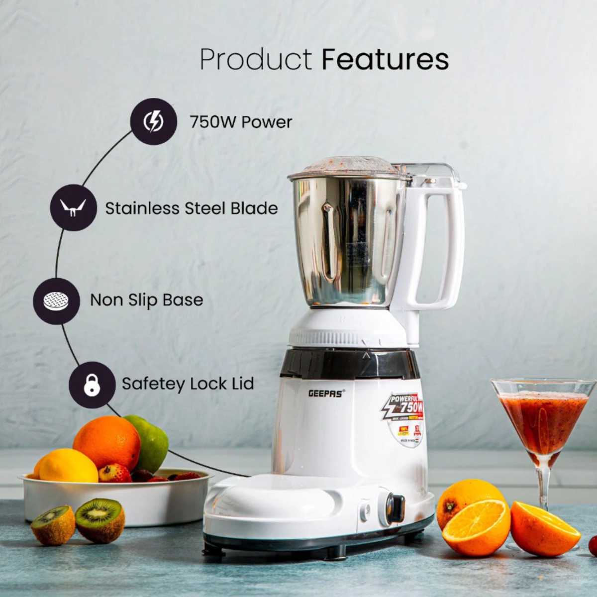 Geepas 3-In-1 Wet and Dry Electric Indian Mixer Grinder 750W