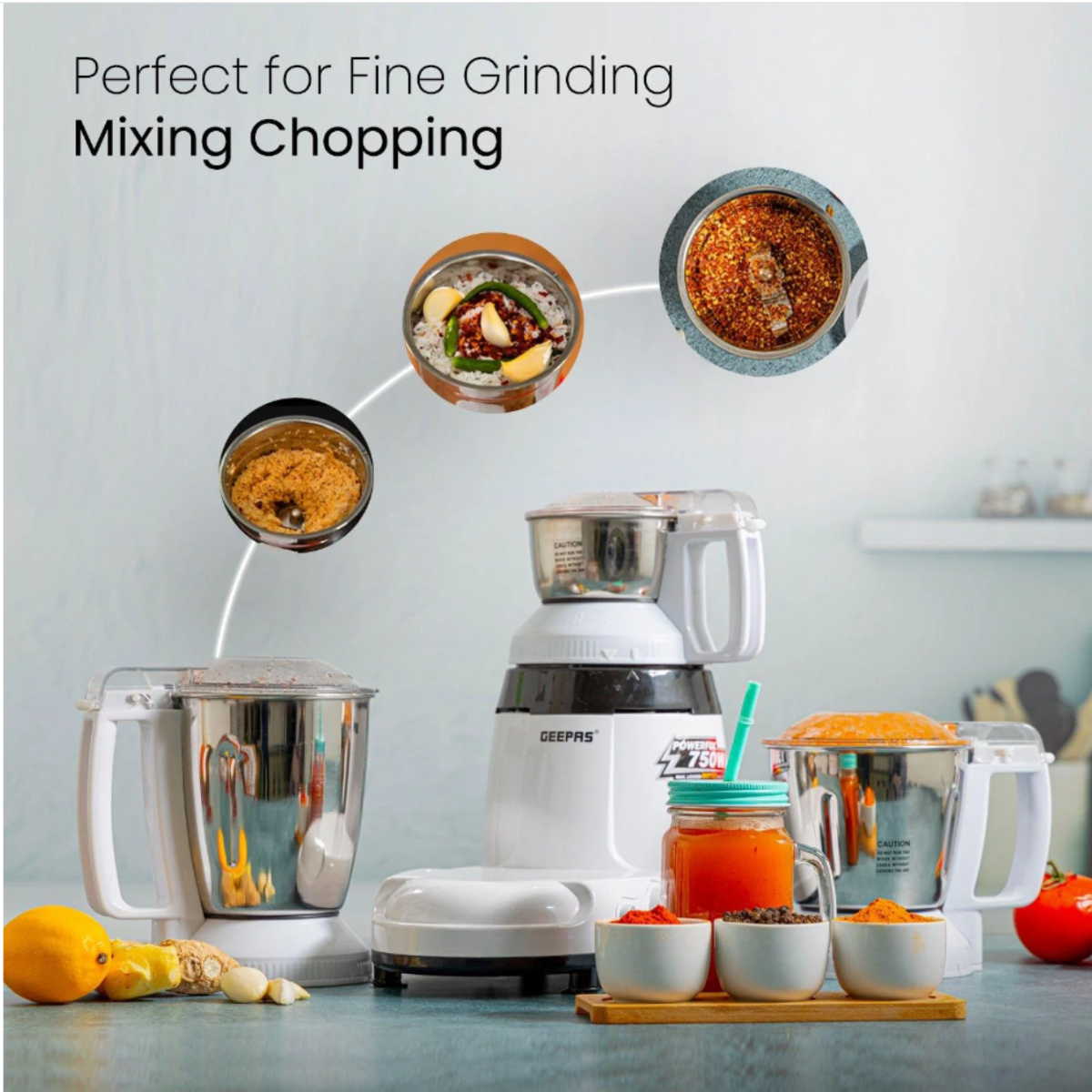 Geepas 3-In-1 Wet and Dry Electric Indian Mixer Grinder 750W