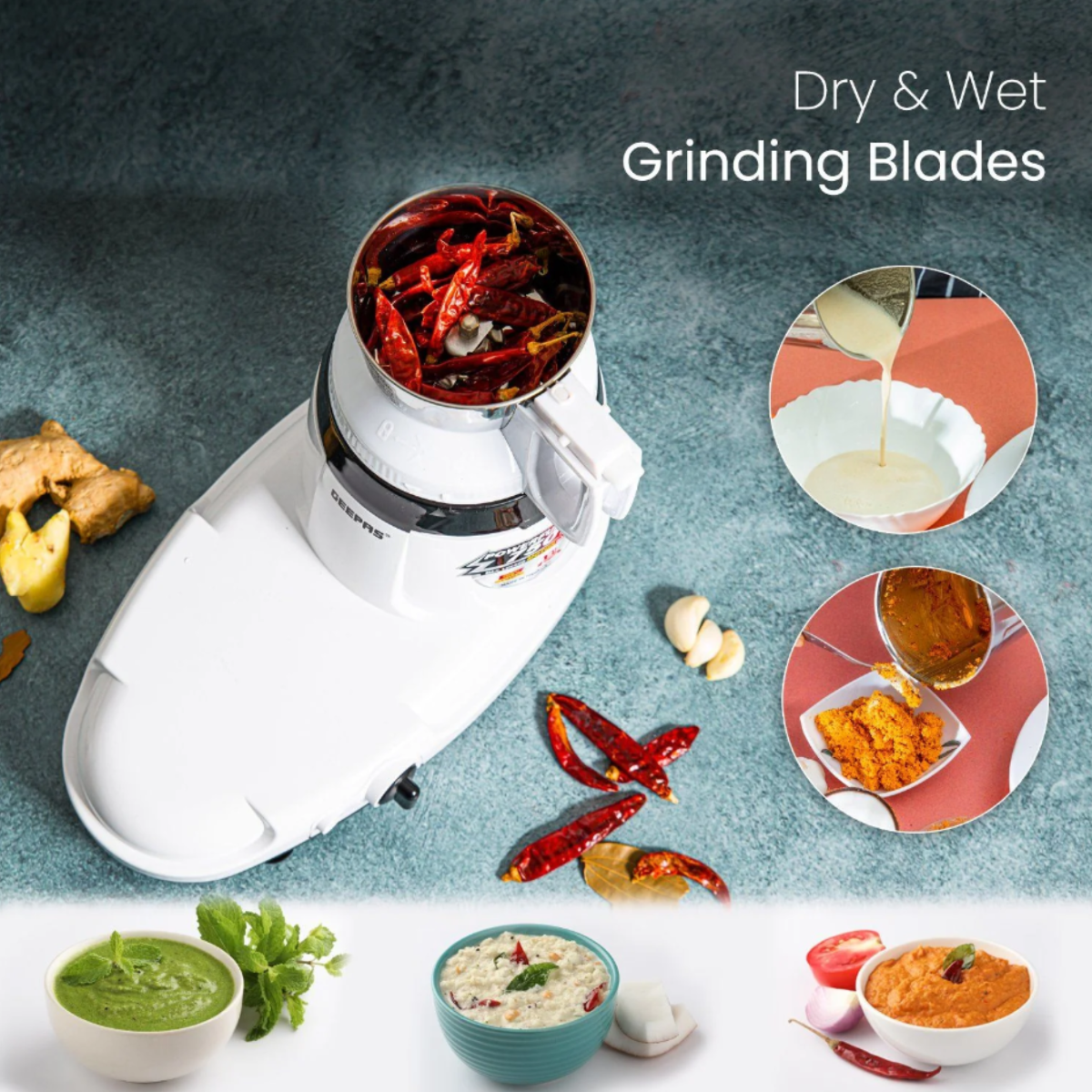 Geepas 3-In-1 Wet and Dry Electric Indian Mixer Grinder 750W