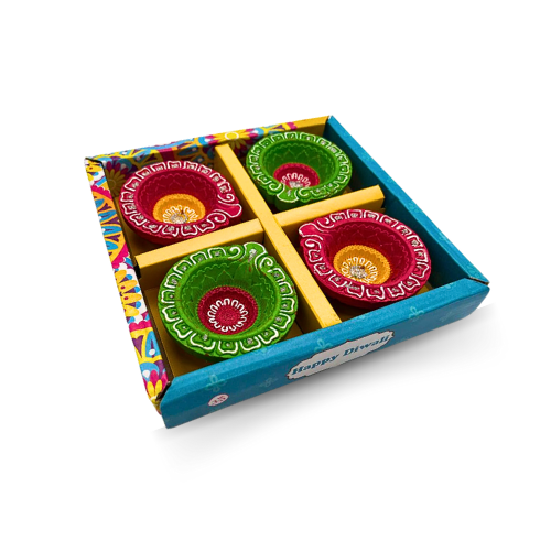 Set of 4 Handmade Traditional Multi-Color Clay Diwali Diyas