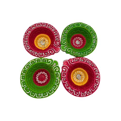 Set of 4 Handmade Traditional Multi-Color Clay Diwali Diyas