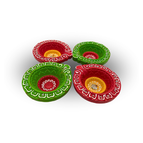 Set of 4 Handmade Traditional Multi-Color Clay Diwali Diyas