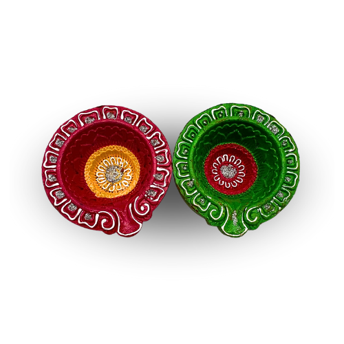 Set of 4 Handmade Traditional Multi-Color Clay Diwali Diyas