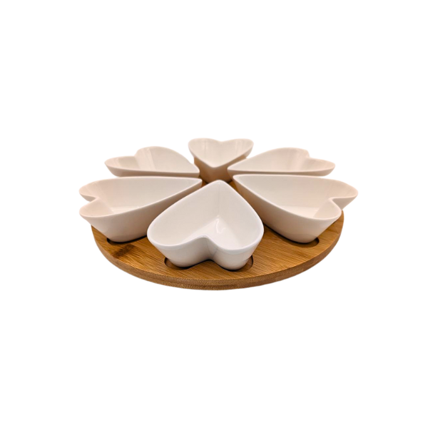 6-Piece Heart Ceramic Dish Set with Bamboo Tray