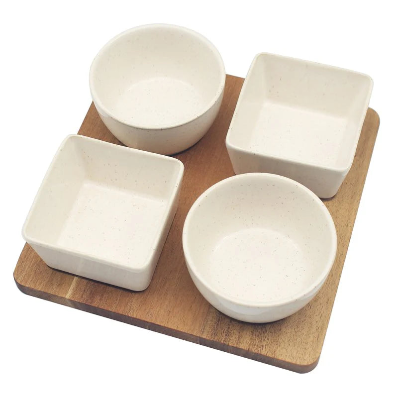 4Pc Ceramic Snack Bowls with Wooden Tray Dip Sauce Condiment Serving Set 23X23X7