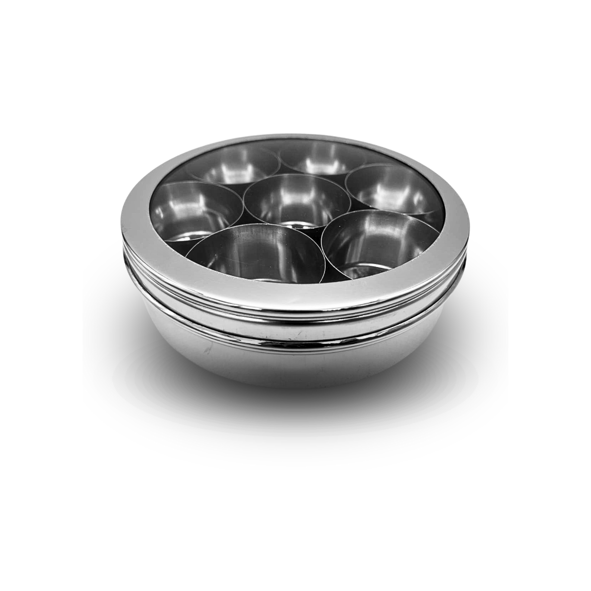 Stainless Steel Masala Dabba with 7 bowls for spices with see through lid 24cm