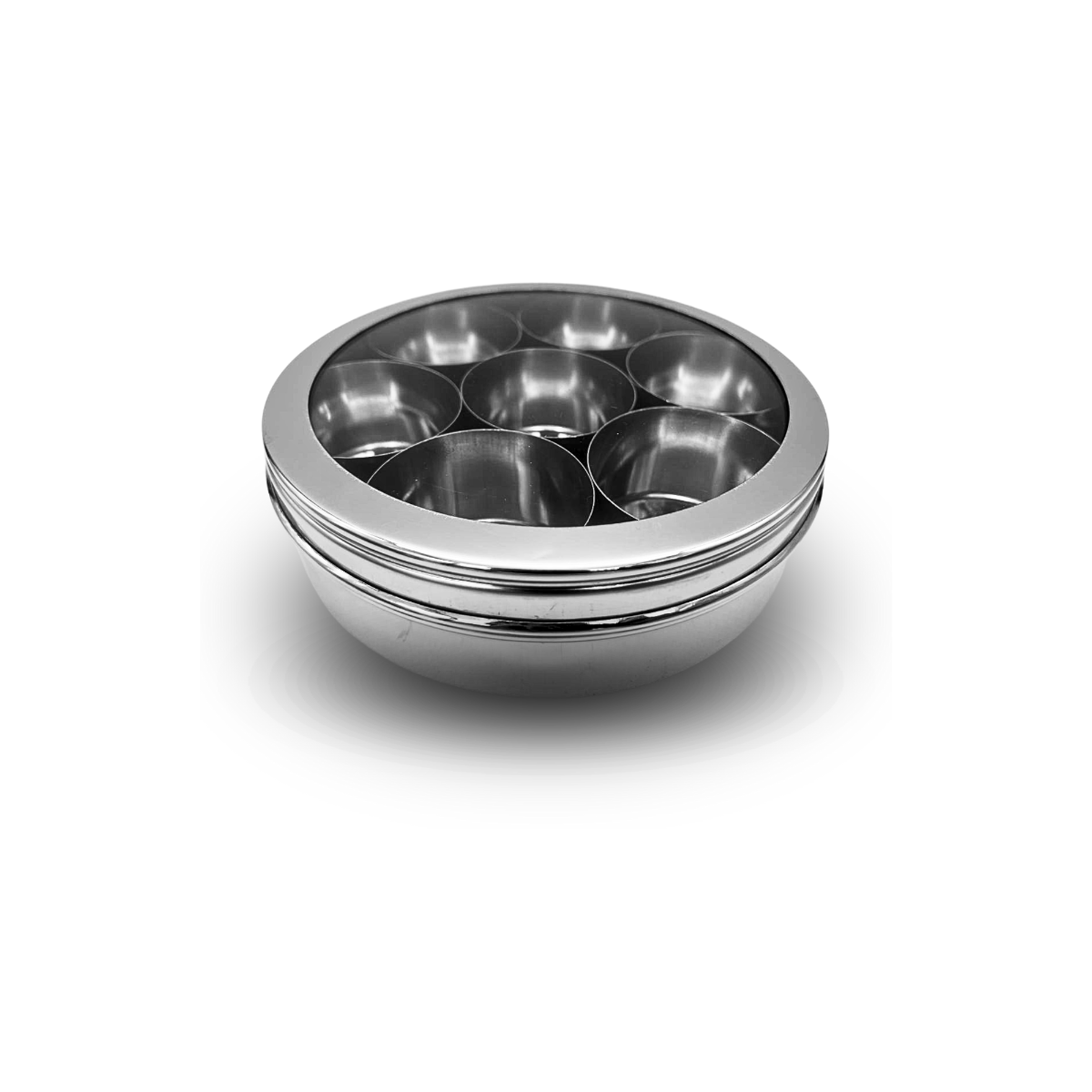 Stainless Steel Masala Dabba with 7 bowls for spices with see through lid 20cm