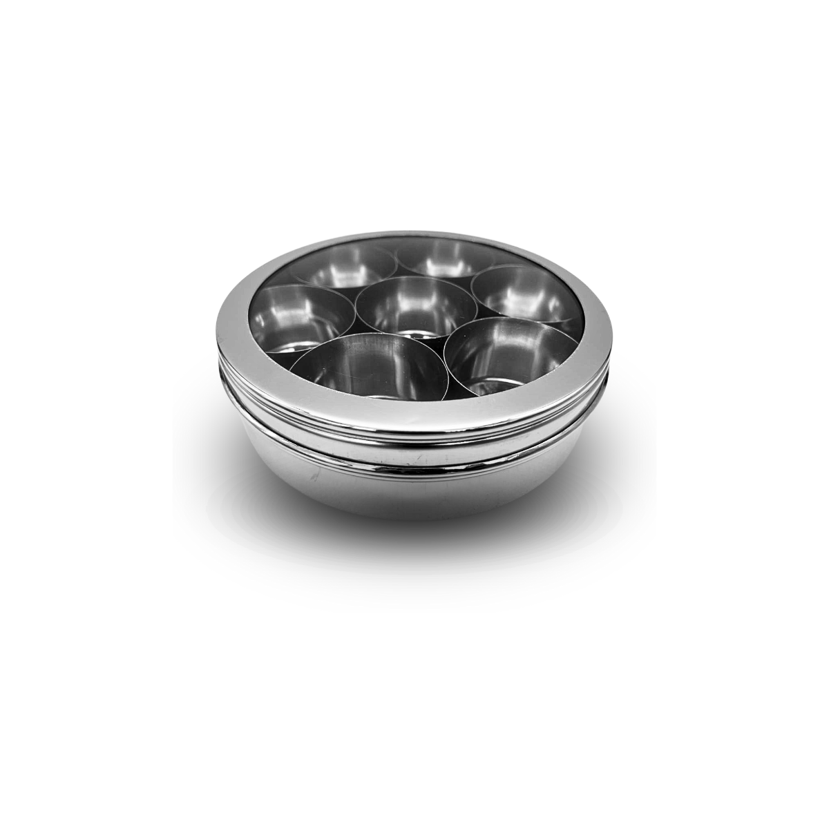 Stainless Steel Masala Dabba with 7 bowls for spices with see through lid 18cm