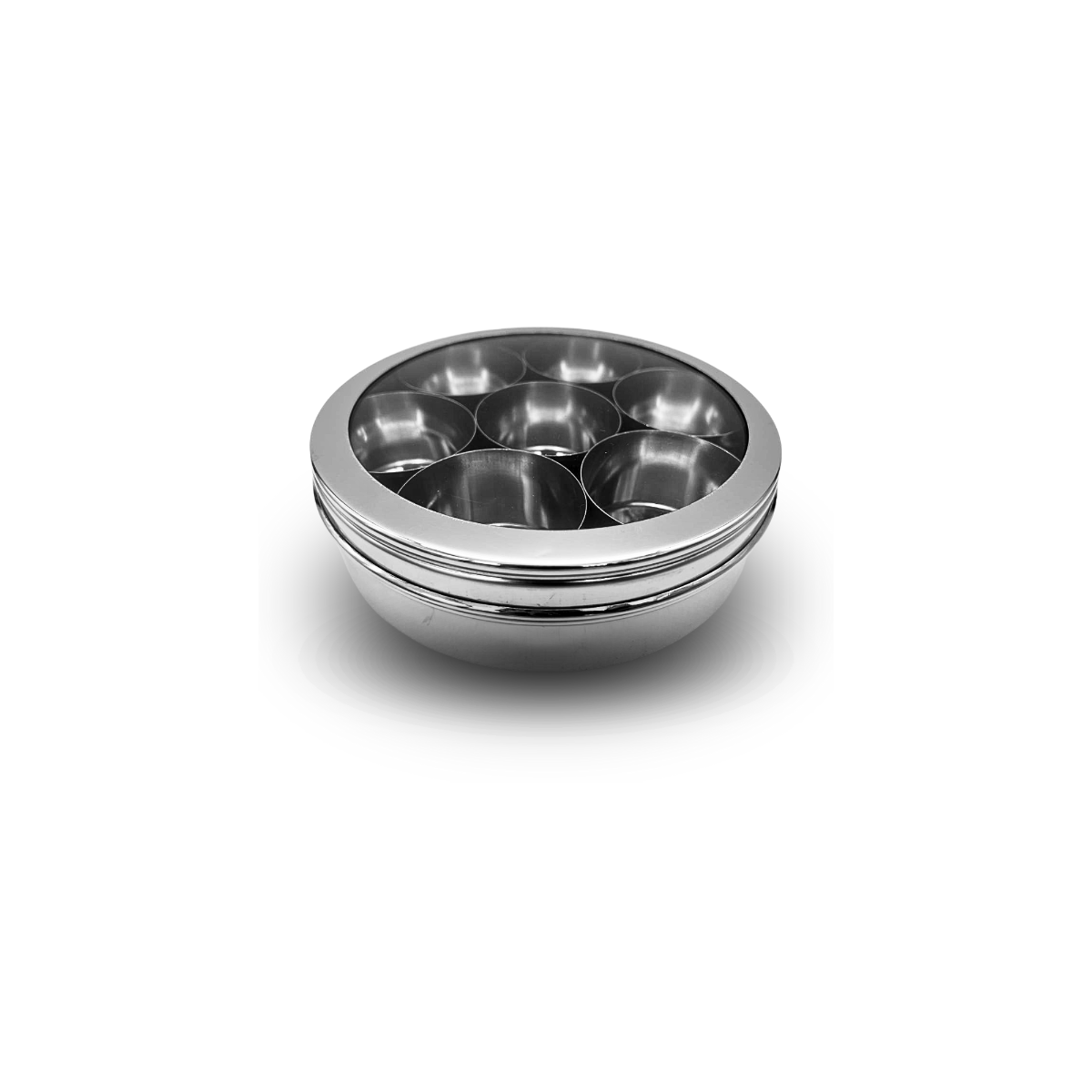 Stainless Steel Masala Dabba with 7 bowls for spices with see through lid 16cm