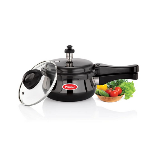 Premier Cucina Trendy black Hard Anodized Handi Pressure Cooker with Glass Lid - 1.5 Litre