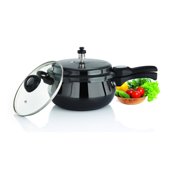 Premier Cucina Trendy black Hard Anodized Handi Pressure Cooker with Glass Lid - 3 Litre