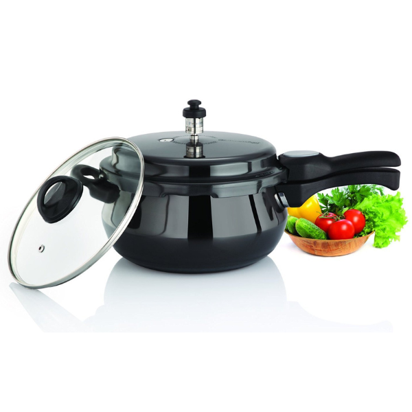 Premier Cucina Trendy black Hard Anodized Handi Pressure Cooker with Glass Lid 5.5 Litre